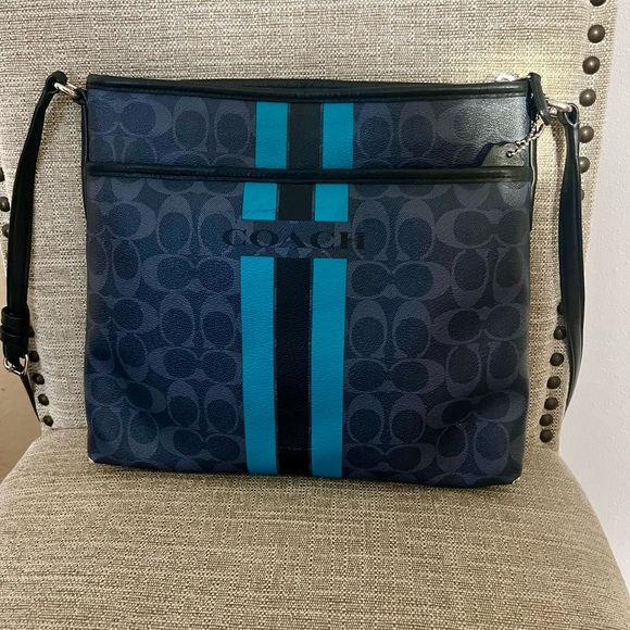 Coach Handbags - Coach Signature Varsity Stripe Blue/Teal Leather Crossboy Bag Chic Minimalist